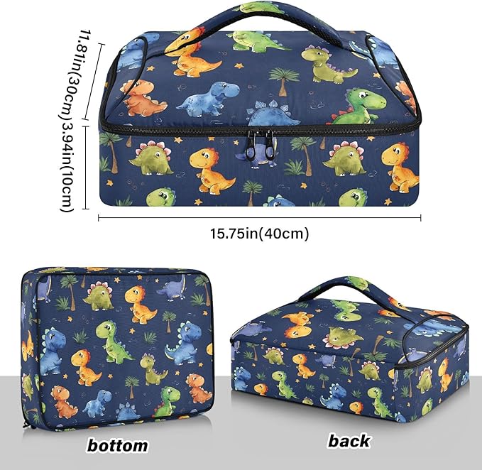 Casserole Carrier Playful Cartoon Dinosaurs PatternInsulated Casserole Carrier for Hot or Cold Food Thermal Lunch Tote for Potluck Parties Picnic Beach Fits 9 x 13 Inches Baking Dish