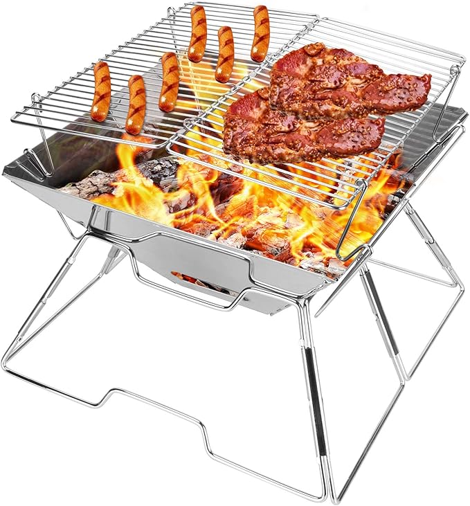 Odoland Folding Campfire Grill 304 Stainless Steel Grate Barbeque Grill Portable Camping Grill with Legs for Picnics Backpacking Outdoor with Carrying Bag and Kitchen Tongs