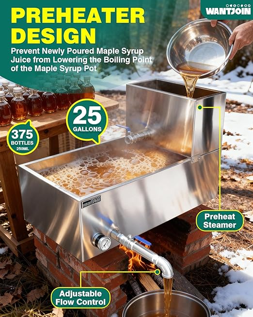 WantJoin Maple Syrup Evaporator Pan 25 GAL - Syrup Evaporator Pan Stainless Steel w/Thermometer 30 * 16 * 19 Inch Makes 375 Bottles of 50oz Upgraded Leak-Proof TIG Welded Seams