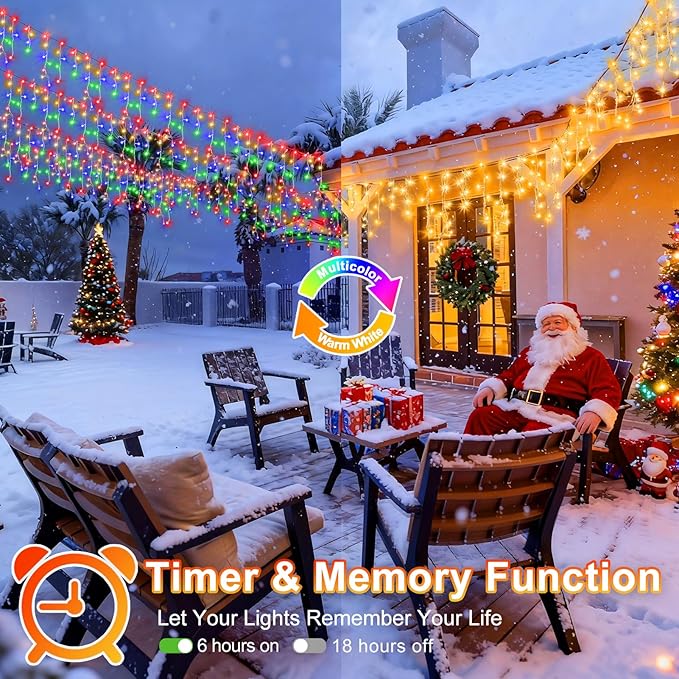 KNONEW Christmas Lights Outdoor Color Changing 400 LED 33ft 11 Modes Curtain Fairy String Light with 75 Drops Clear Wire LED Lights for Wedding Party Holiday Christmas (Warm White to Multicolor)