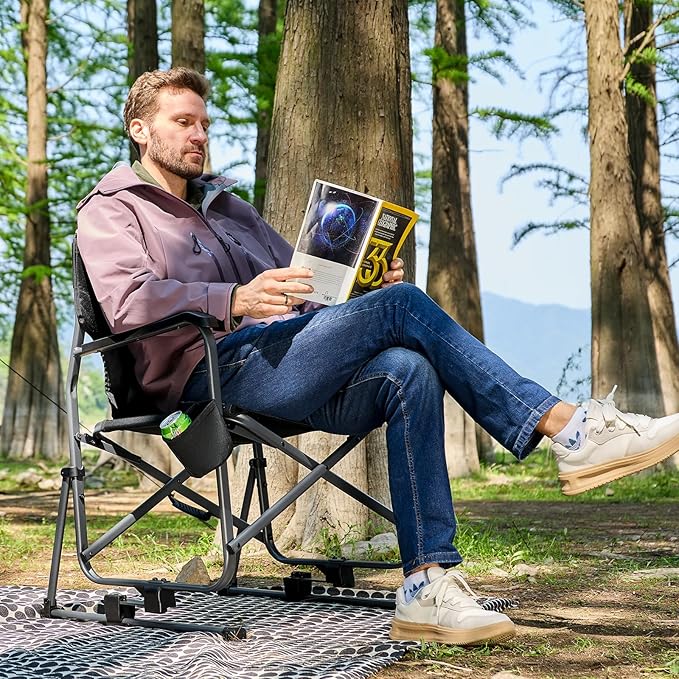 EVER ADVANCED Heavy Duty Rocking Camping Chair Black Supports 400 LBS Quick Set Foldable Portable Outdoor Patio Sports Game Balcony Adult 17 lbs 25 x 25 x 38 inches