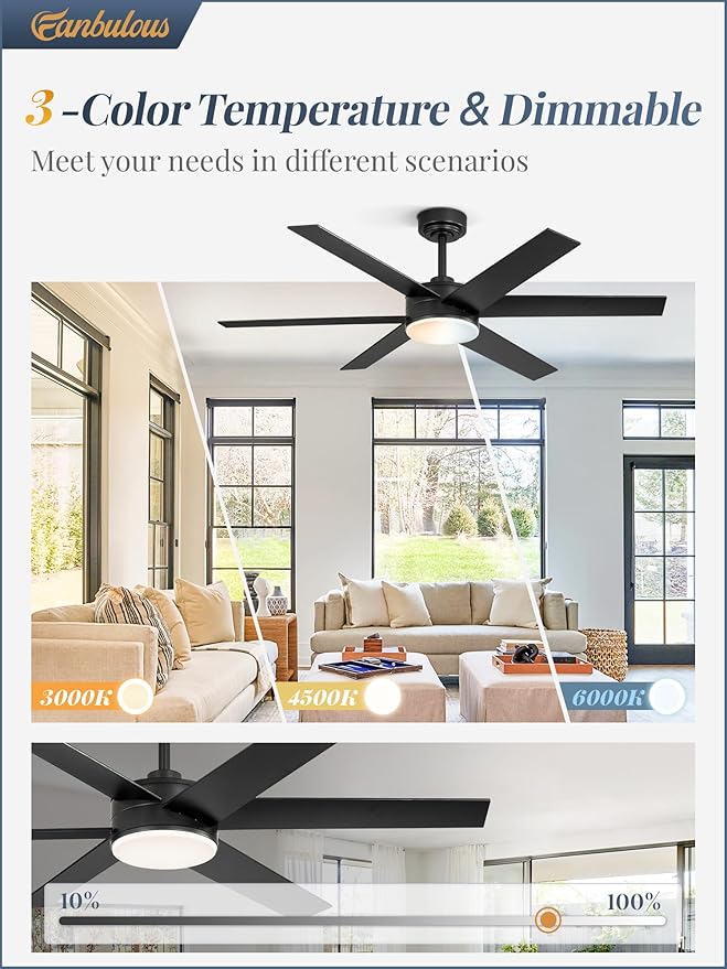 Fanbulous 52 Inch Ceiling Fans with Lights and Remote Reversible 6 Blades Dimmable 3000K-6000K Adjustable Outdoor Ceiling Fans for Patios Large Ceiling Fan for Indoor or Covered Outdoor Black