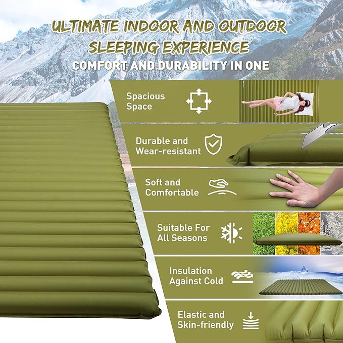 Double Camping Sleeping Pad Ultralight Waterproof Inflatable 2-Person Sleeping Mat with Inflation Bag Lightweight Portable Air Mattress for Outdoor Backpacking Hiking Car Traveling Tent (Green)