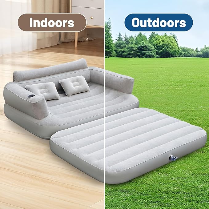 Full Size Inflatable Sofa Bed with Air Pump2-in-1 Blow-Up Couch and Folding Air Mattress Bed for HomeCampingand Guests