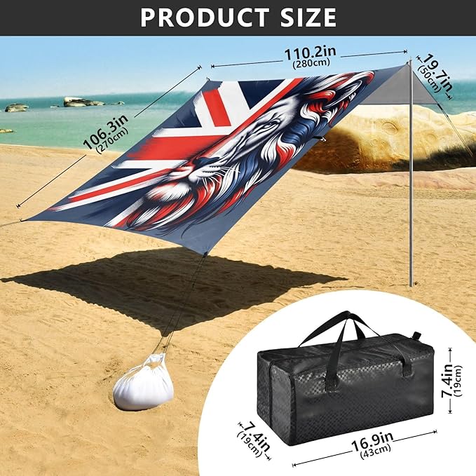 ALAZA British Flag Lion Beach Tent Sun Shelter UPF50+ Protection Beach Shade Canopy w/ 4 Sandbags for Outdoor Camping Fishing Backyard Fun Picnic 10x9 ft