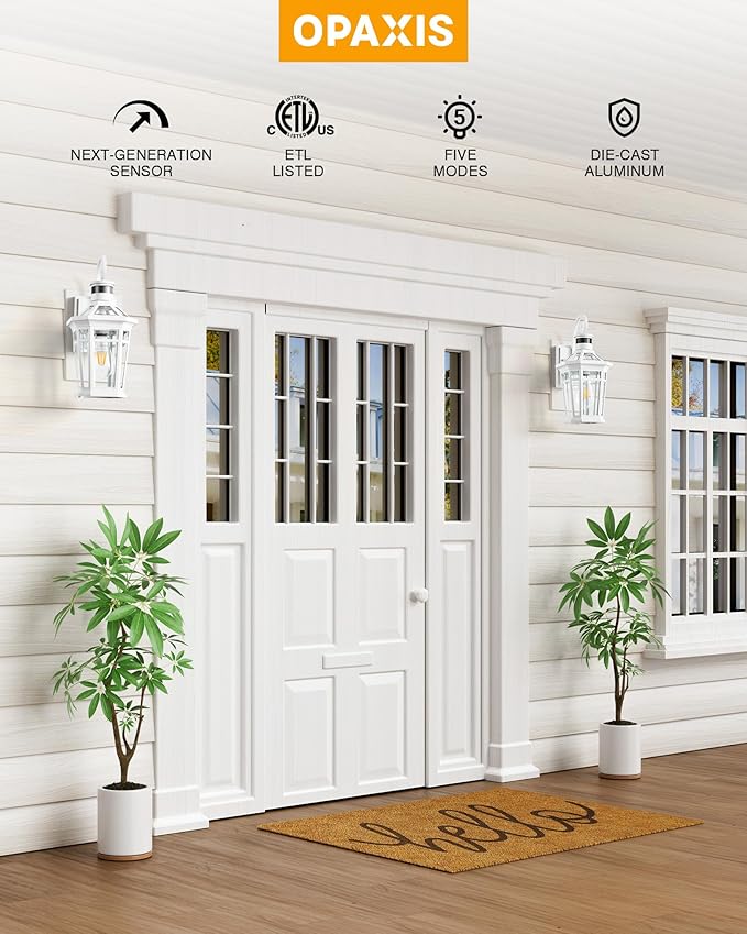 Motion Sensor Outdoor Wall Lantern White Outdoor Lighting Fixtures Wall Mount Dusk to Dawn Exterior Sconce Lights with Beveled Glass Waterproof Exterior Front Porch Lights for Garage Coach