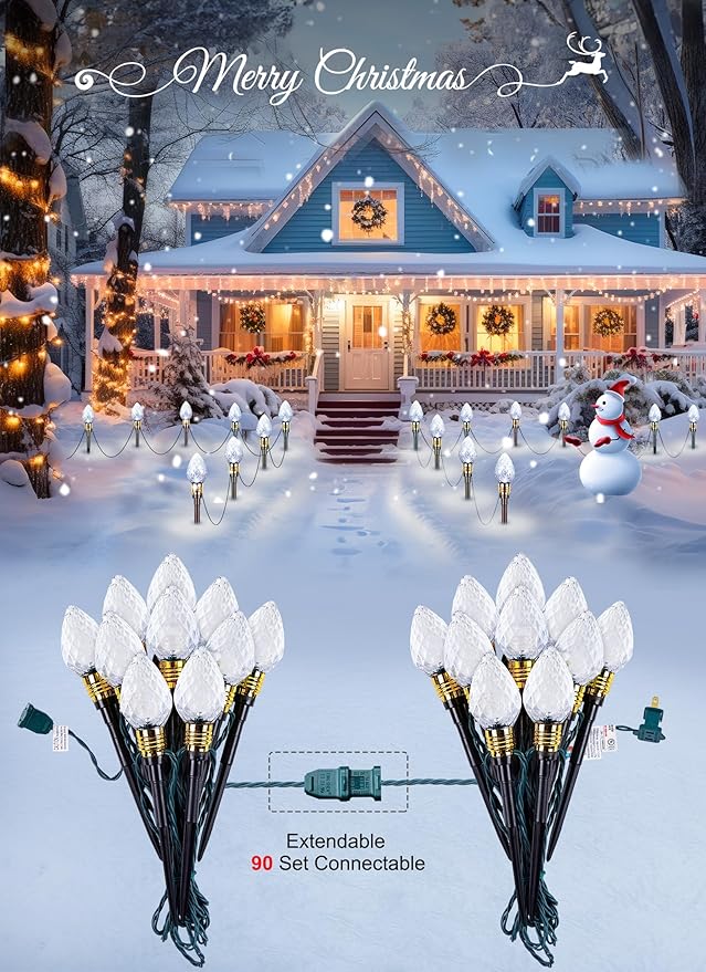 Brightown 2 Pack Strawberry C9 Christmas Pathway Lights Outdoor Total 34.8 Ft 20 C9 Pathway Lights Waterproof Connectable Christmas Walkway Light for Yard Ground Sidewalk Driveway Pure White