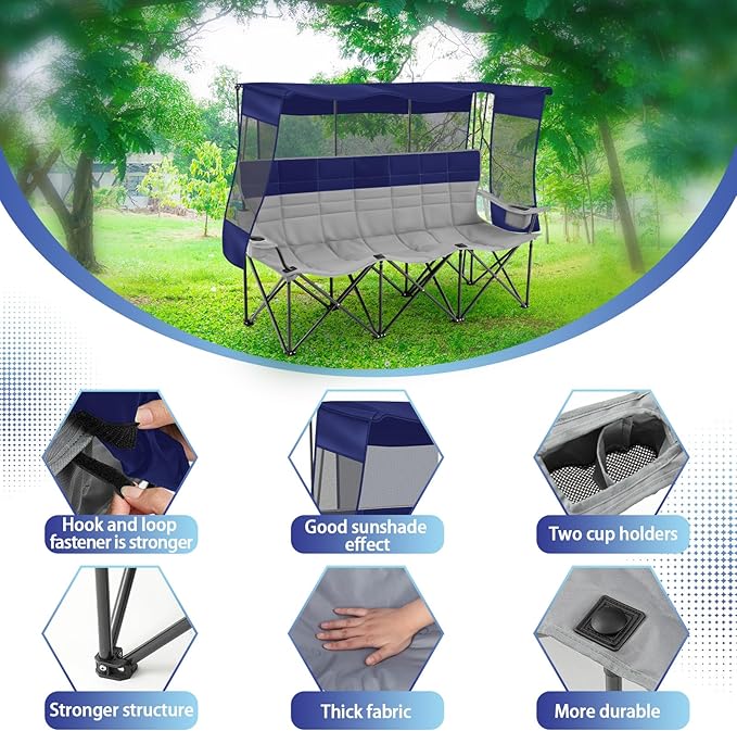 3 Person Beach Camping Chair with Canopy Shade Oversized Folding Loveseat 700lbs Heavy Duty Couch with Cup Holder Carry Bag for Lawn Outdoor Beach (Green Grey Canopy Camp Chair)