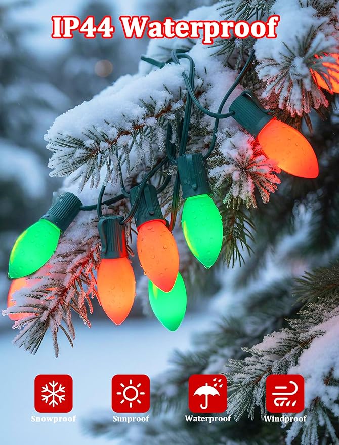 C9 LED Christmas String Lights 25FT Vintage Multicolor Lights with 27 C9 Red/Green Ceramic LED Bulbs Outdoor String Lights for Christmas Tree Party Backyard - Green Wire