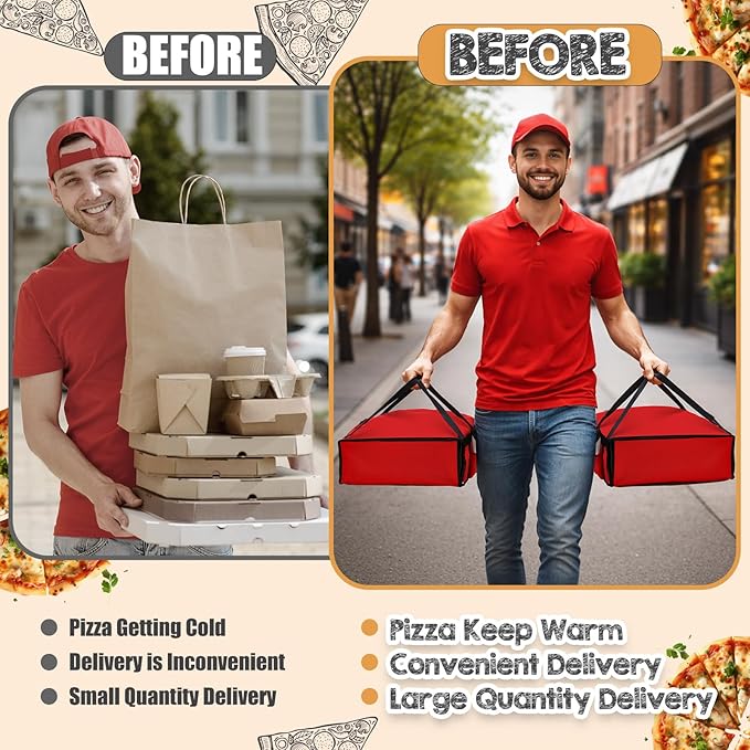 LemonRoad 3 Pcs Pizza Delivery Bag with 4 Cup Holder Insulated Food Grocery Bag 20 x 20 x 8 Pizza Warmer Bags for Carry Hot Catering Delivery Driver Essentials(Red)