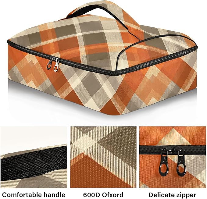 Casserole Carrier Orange Brown Tartan Pattern Insulated Casserole Carrier for Hot or Cold Food Thermal Lunch Tote for Parties Picnic Travel Carry Bag