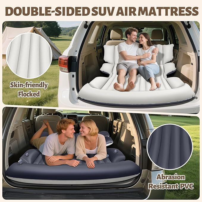 SUV Air Mattress Thickened Car Air Mattress with Electric Pump Air Mattress for SUVs with 2 Pillows Flocking Inflatable Bed for Cars car Bed for SUV Trunk Camping Road Trip (Gray)