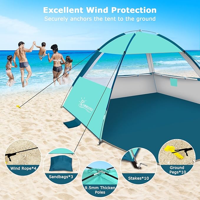 COMMOUDS Beach Tent Sun Shade for 3/4/6/8 Person UPF 50+ Beach Sun Shelter Canopy Tent Lightweight Easy Set Up and Carry