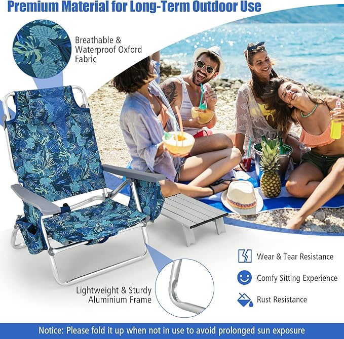 Backpack Beach Chair 5 Position Adjustable Camping Chairs with Aluminum Table Head Pillow Cooler Bag Cup Holders Folding Beach Chairs for Adults (with Table Blue Leaves)