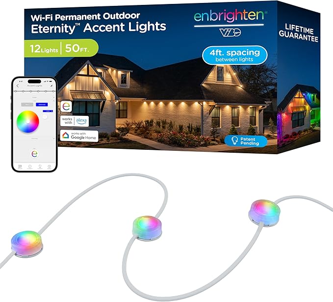 Enbrighten Vibe Eternity Accent Permanent Outdoor Lights for House 50ft 12 RGBWIC LEDs Wide Spacing 94lm Tunable White Everyday Eave Lighting Smart App Works with Alexa Google Home 85709