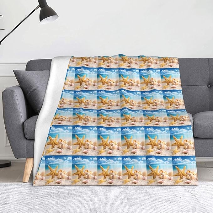 Starfish Seashell Ocean Beach Print Anti-Pilling Flannel Throw Blanket Lightweight Travel Home Decor Blanket Gifts