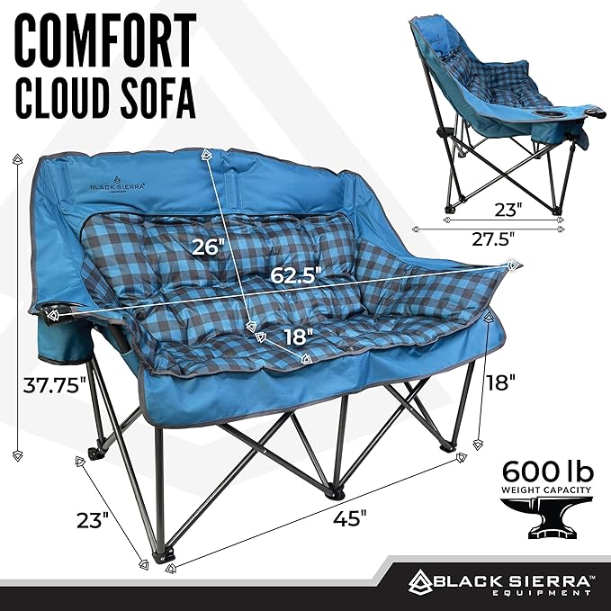 Black Sierra Double Camping Chair for Adults Oversized Folding Loveseat Supports 600 lbs Plush Padded Outdoor Couch with Cup Holders and Carry Bag for Beach Patio RV or Tailgating Events
