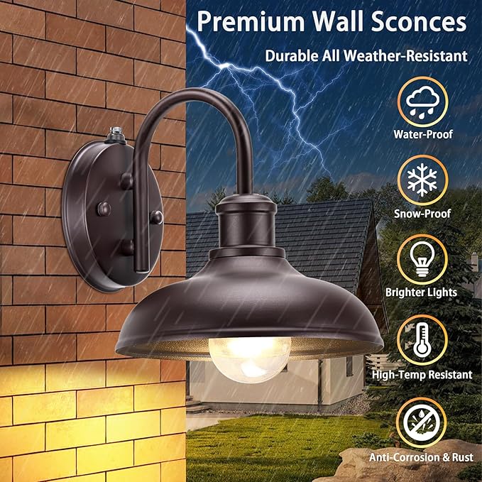 2-Pack Dusk to Dawn Gooseneck Outdoor Light Fixtures Farmhouse Barn Lights for Porch Industrial Brown Exterior Wall Sconce for Garage Patio E26 Base Anti-Rust for Garage Frontdoor Entryway Doorway