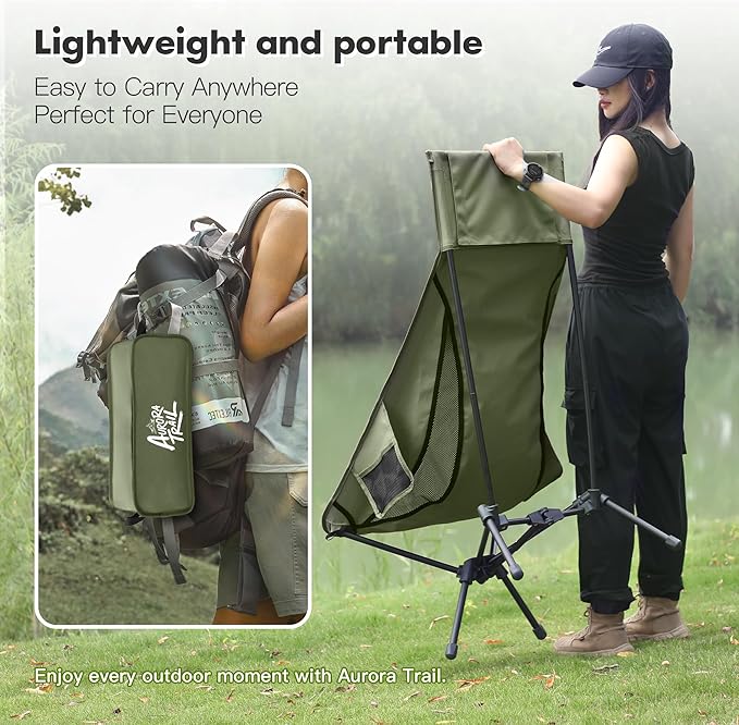 AuroraTrail High Back Folding Camping Chair with Pillow – Lightweight Portable Outdoor Chair with Cup Holder &amp Carry Bag Sturdy Aluminum Frame Supports up to 374 lb for Camping Hiking &amp Fest