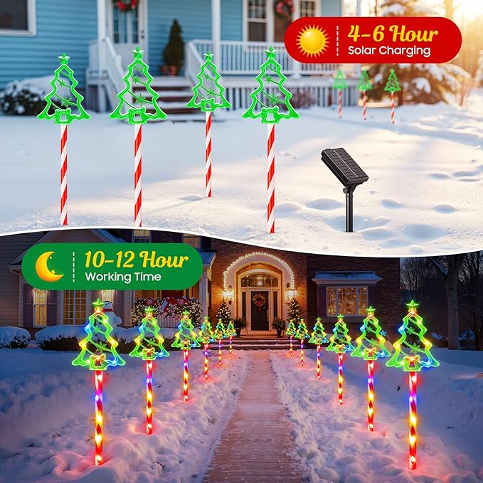 WdtPro Solar Christmas Pathway Lights Outdoor Decorations 10 Pack Xmas Tree Candy Lights for Yard Walkway Lawn Porch 10 Modes Led Waterproof Garden Patio Stake Lights Holiday Decor