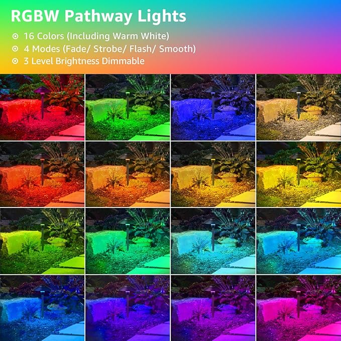 SUNVIE RGBW Low Voltage Pathway Lights 3W Color Changing Landscape Lights 12-24V Multi-Color Path Lights Waterproof for Yard Garden Walkway Holiday Landscape Path Lighting ETL Listed Cord 4 Pack