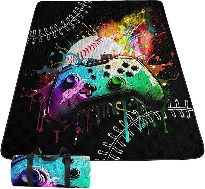 Outdoor Picnic BlanketPortable Sandproof Waterproof Picnic MatGamepad Baseball Printed Camping Beach Mat for Sand and Wet Grass Hiking (Gamepad Baseball L)