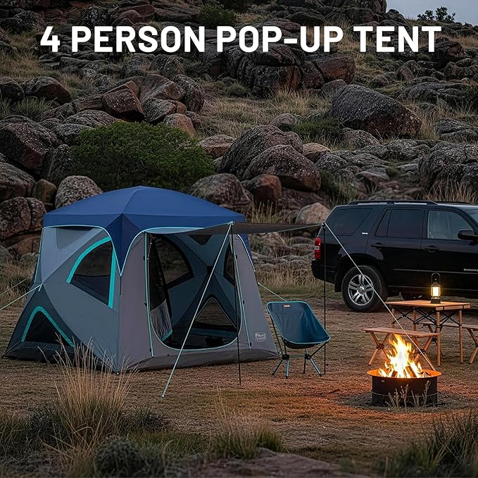 TIMBER RIDGE Camping Tent 4 Person Instant Pop Up Hub Tent with 8 Windows Easy 60 Second Setup Weather Resistant Family Cabin Tents with Rain Fly for Camping Hiking Outdoor Travel
