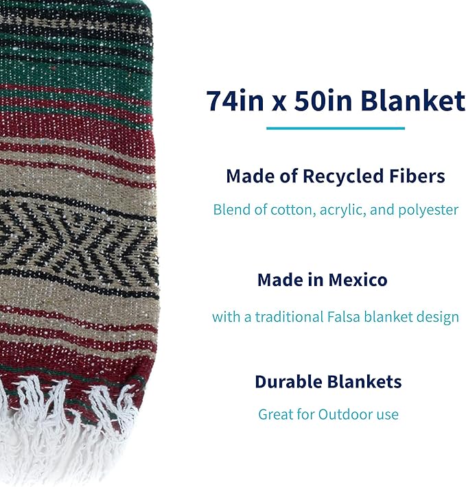 La Montana Mexican Blankets and Throws 4 Pack 74x50 - Made in Mexico Lightweight Yoga Blanket for Schools Studios Outdoors Camping Picnic Decor - Washable Mocha/Burgundy/Forest Green
