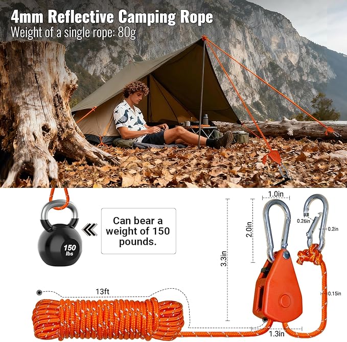 Camping Rope Reflective Tent Rope Guyline with Ratchet Pulley Tarp Tie Down Ropes for Tent Tarp Canopy Shelter Camping 13ft Adjustable Guy Line for Canopy Tent 6 Pack Guy Lines Tents Cords