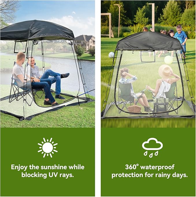 2-4 Person PVC Sports Tent Clear Sun Shelter with Ventilation Window Removable Top Cover 540° View Waterproof Screen Room for Outdoor Activities Sport Event Camping Fishing 6.56×4.76×6.23 FT (L×W×H)