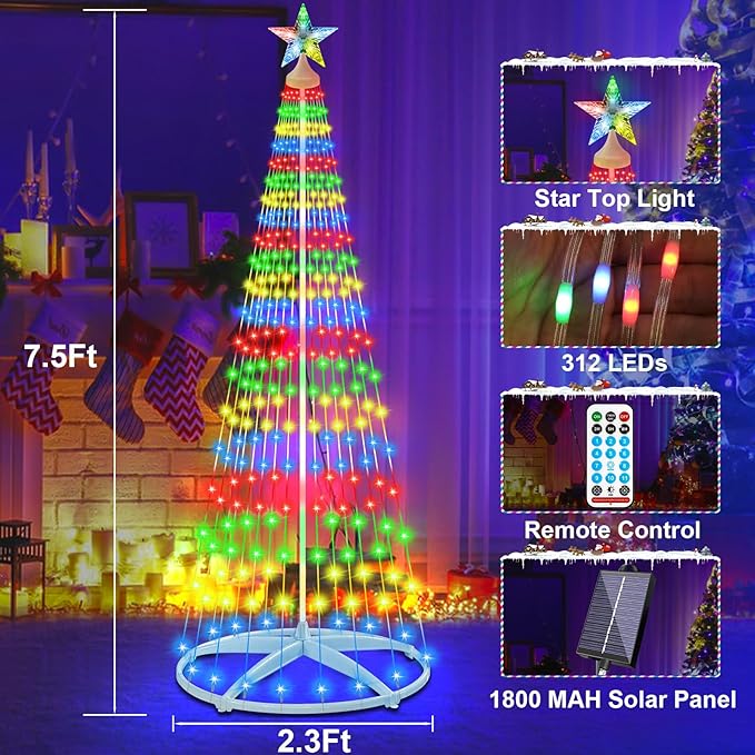 7.5Ft 312 LED Solar Christmas Cone Tree Lights with Star Topper Outdoor Christmas Tree with 11 Modes Timer Remote Dimmable Waterproof for Yard Holiday Christmas Decoration Warm White &amp Multico