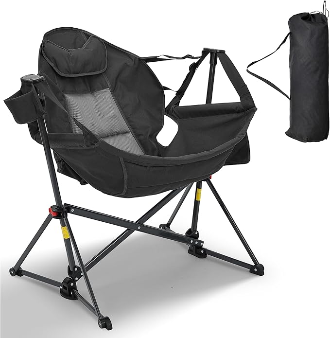 Ainfox Hammock Camping Chair Foldable Portable Rocking Chairs for Adults Outside Swinging Camp with Cup Holder Pillow for Outdoor Patio Poolside (Black)