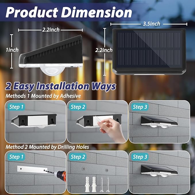 Solar Fence Lights Outdoor 8-Pack Waterproof Fence Light Solar Powered with 3 Modes (3000K/4500K/6500K) for Outside Patio Deck Stair Step Garden Backyard Walkway Pathway Railing