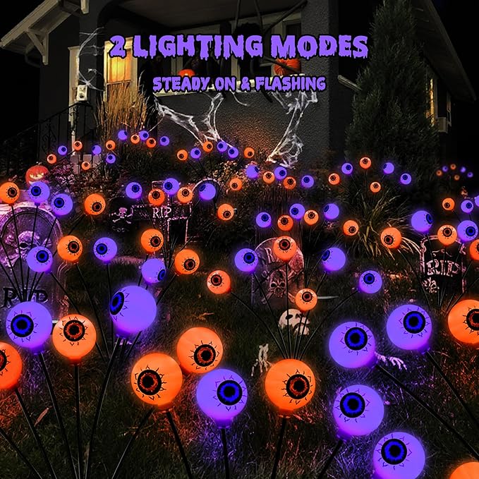 BrizLabs 6 Pack 36 LED Halloween Solar Eyeball Lights 2 Modes Outdoor Halloween Pathway Lights Solar Spooky Path Light Waterproof Swaying Firefly Lighting for Yard Garden Lawn Orange &amp Purple