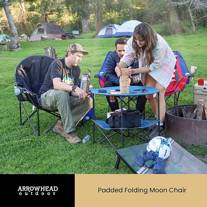 ARROWHEAD OUTDOOR Oversized Heavy-Duty Club Folding Camping Chair with Pocket Cup Holder Portable Padded Moon Round Saucer Supports 330lbs Carrying Bag