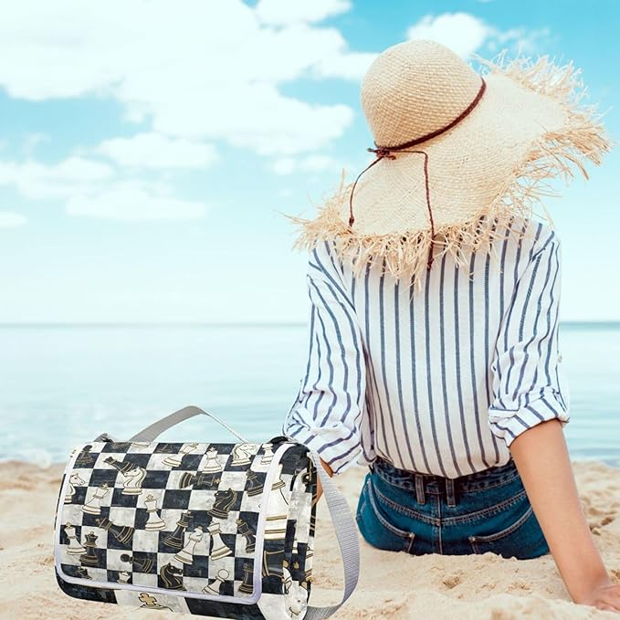 MNSRUU Picnic Blanket Waterproof Foldable Chess Black White Grid Large Outdoor Picnic Beach Camping Blanket Travel Mat Shoulder Strap Tote Rectangle 57x59in