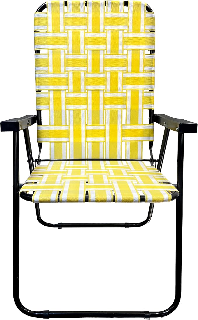 Lawn Chair Folding Steel Webbing Chaise Patio Lounger Seat Wood Handles Great for Camping Beach Fishing Backyard Stadium Pool Boating and Sports 2 Pack Yellow Stripes