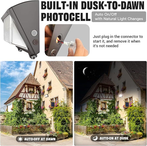 150W LED Wall Pack with Photocell Dusk to Dawn 5000K Waterproof Commercial Outdoor Light Fixture 22500lm 120-277V EquivalentEnergy Save Flood Lights for BuildingYardWarehouseGarage-4pack