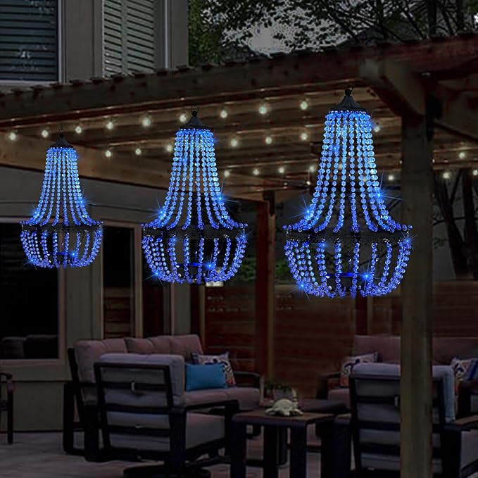 Hanging Solar Lantern Outdoor 28” Modern Clear Crystal Acrylic Chandelier with 30 Blue Lights S Hook for Garden Yard Patio Gazebo Decorations