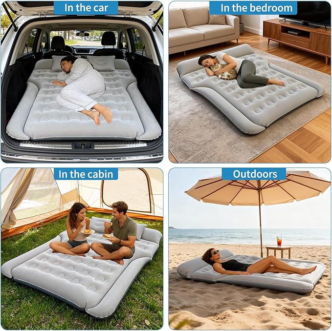SUV Air Mattress Inflatable Bed for Car Sleeping Thickened Flocking Car Air Mattress Leakproof Comfortable Durable Cushion Cars Bed for SUVs Trunk Camping Road Trip (Gray)
