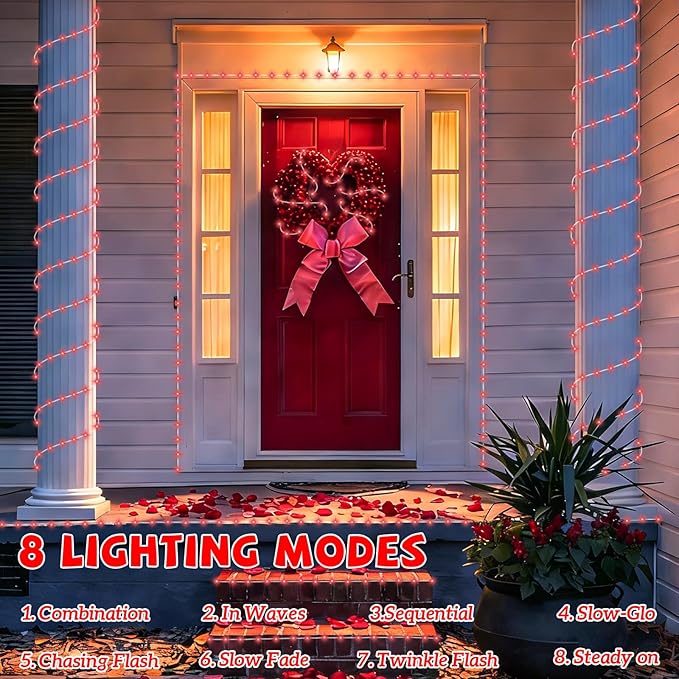 YEGUO Solar Valentines Light Outdoor Waterproof 66ft 200 LED Red Rope Lights 8 Modes Tube Christmas String Lights in Clear Thin Tube