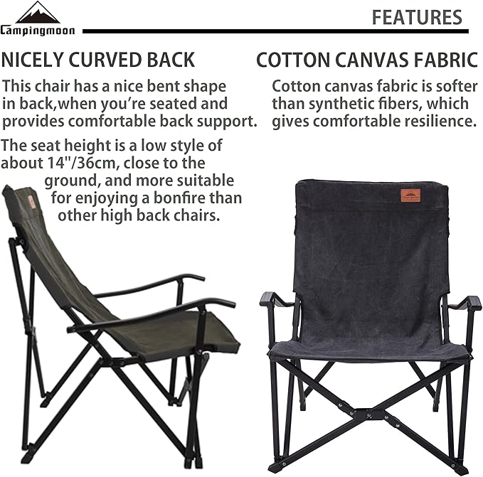 CAMPINGMOON Portable Cotton Canvas Campfire Bonfire Open Fire Camping Chair Low Style Chair Black F-1003C-BK