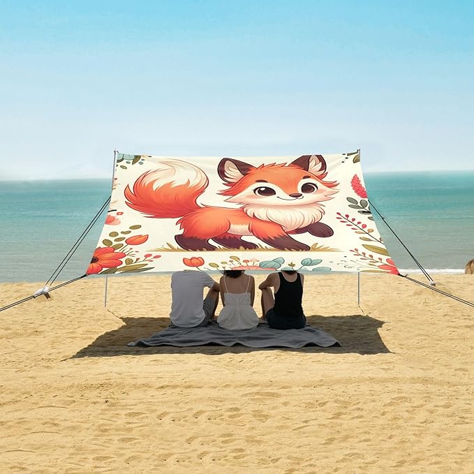 Cute Fox and Flowers Camping Sun Shelter Beach Tent Portable Beach Sun Shade Outdoor Canopy for Camping Trips Fishing Picnic