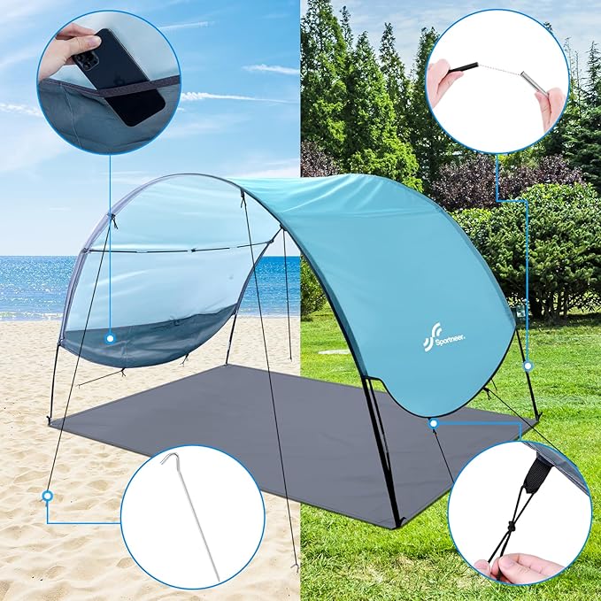 Sportneer Beach Tent Sun Shelter: UPF 50+ UV Protection Beach Canopy Tent Sun Shade for 2-3 Person Easy Set Up Canopy with 8 Wind Ropes and 12 Ground Stakes Size 96.5''x55.7''