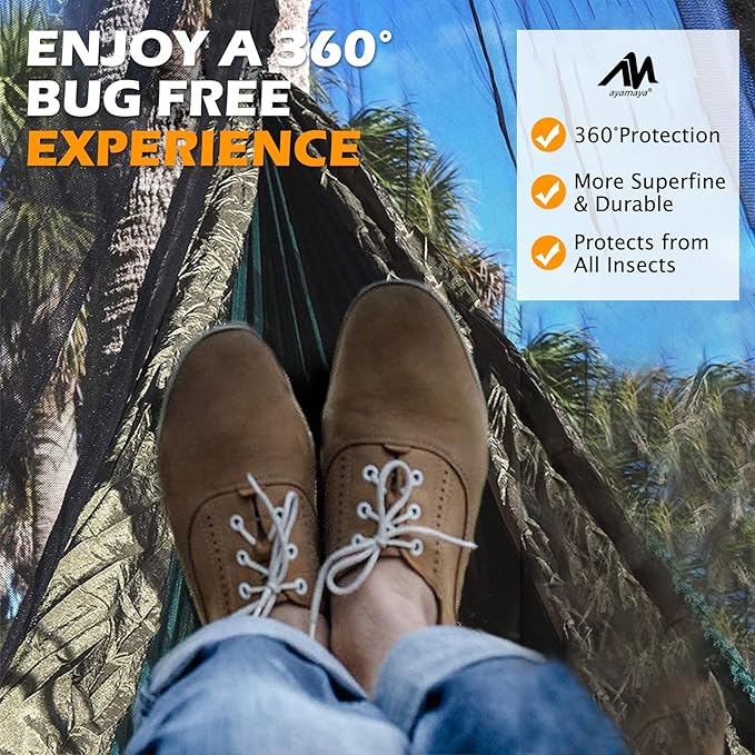 AYAMAYA Hammock Bug Net - 11.15ft Superfine Mosquito Net for Hammocksw/Double-Sided Zipper Lightweight Portable Hammock NettingFast and Easy Set Up Fits All Camping Hammocks