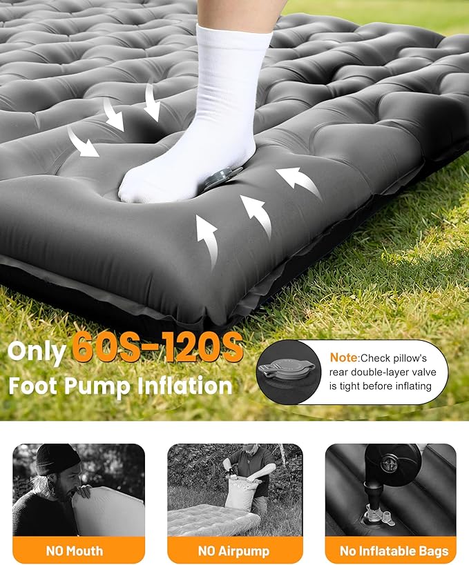 Double Sleeping Pad for Camping 5.9 Inch Thick Self Inflating Sleeping Mat for Camping with Built in Pillow and Foot Pump 2 Person Camping Mattress for Backpacking Hiking