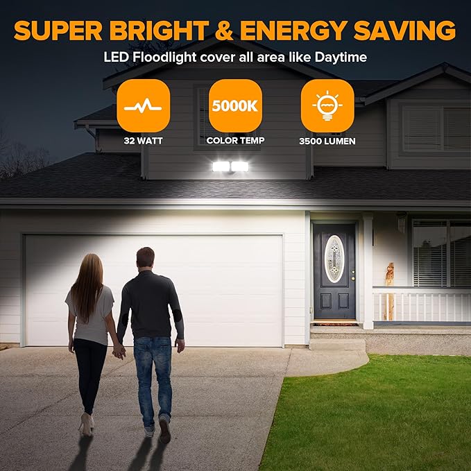 LUTEC 32W 3500LM Integrated Dual-Head LED Flood Light OutdoorSwitch Controlled LED Security Light5000K Wall Mount Exterior Flood LightP65 Waterproof for Garage Yard Patio-Black