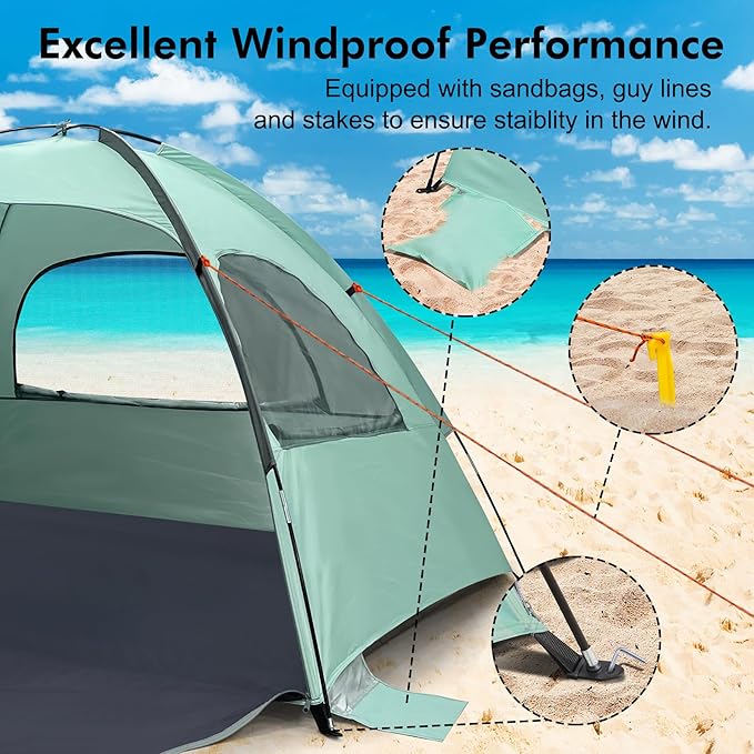 WhiteFang Beach Tent Anti-UV Portable Sun Shade Shelter for 3/4/6/8 Person Extendable Floor with 3 Ventilating Mesh Windows Plus Carrying Bag Stakes and Guy Lines