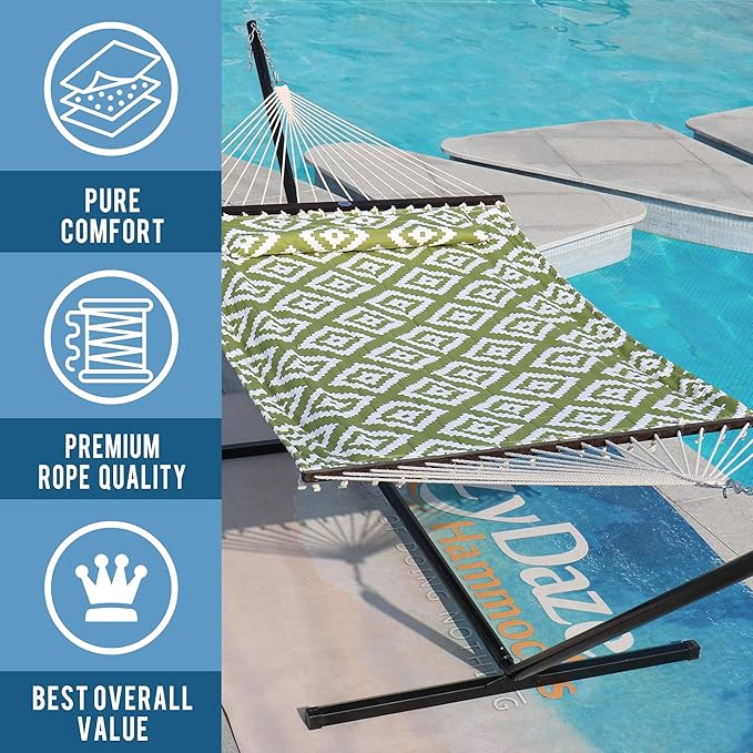 Lazy Daze Hammocks 12FT Quilted Fabric Hammock with Soft Pillow Double 2 Person Tree Hammock with Spreader Bar for Outside Patio Poolside Backyard Beach 450 lbs Capacity Green Geometric