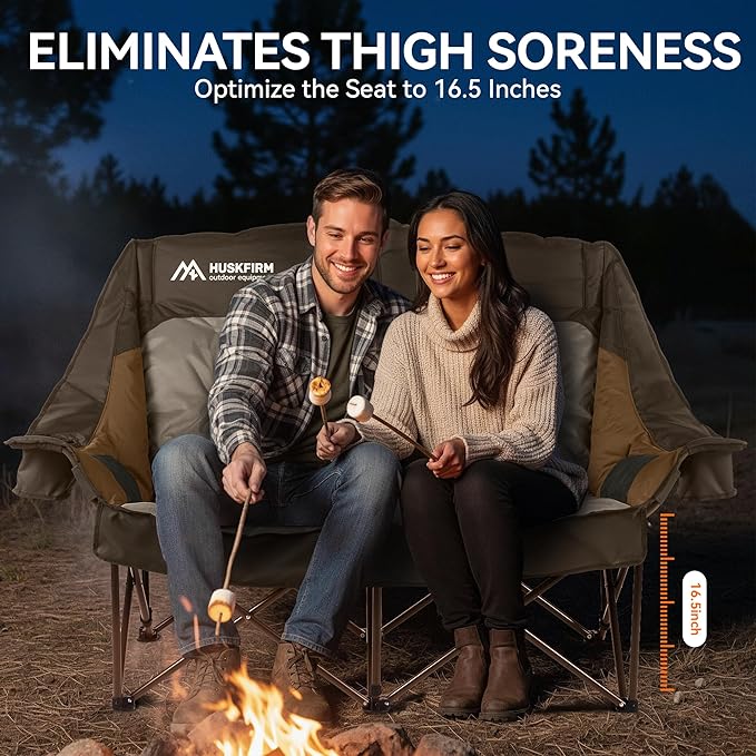 High Back Double Camping Chair 2 Person Camping Chair Low Seat Loveseat Camping Chair Fully Padded Oversized Camping Couch for Adults - Supports 650 LBS with Cup Holders Carry Bag - Brown